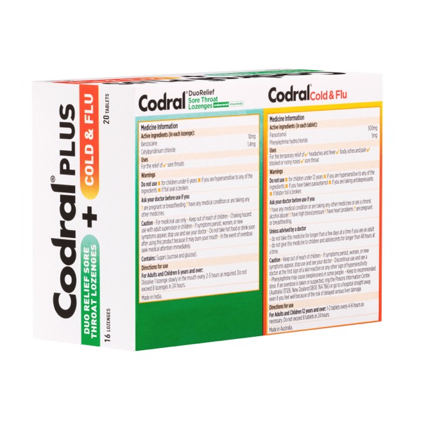 Buy Codral Plus Sore Throat 16 Lozenges + Cold & Flu 20 Tablets Online ...