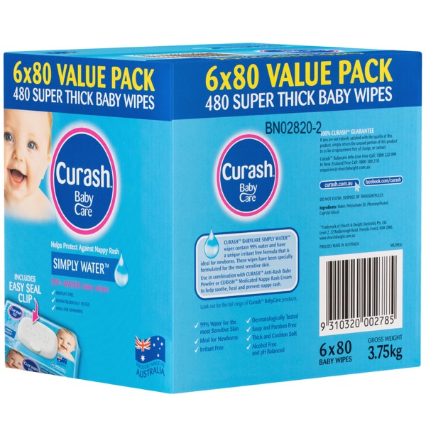 curash babycare simply water wipes 6 x 80
